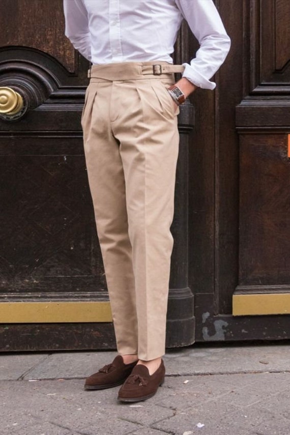 Men Custom Made Beige Cotton Gurkha Dress Pants Double Pleated