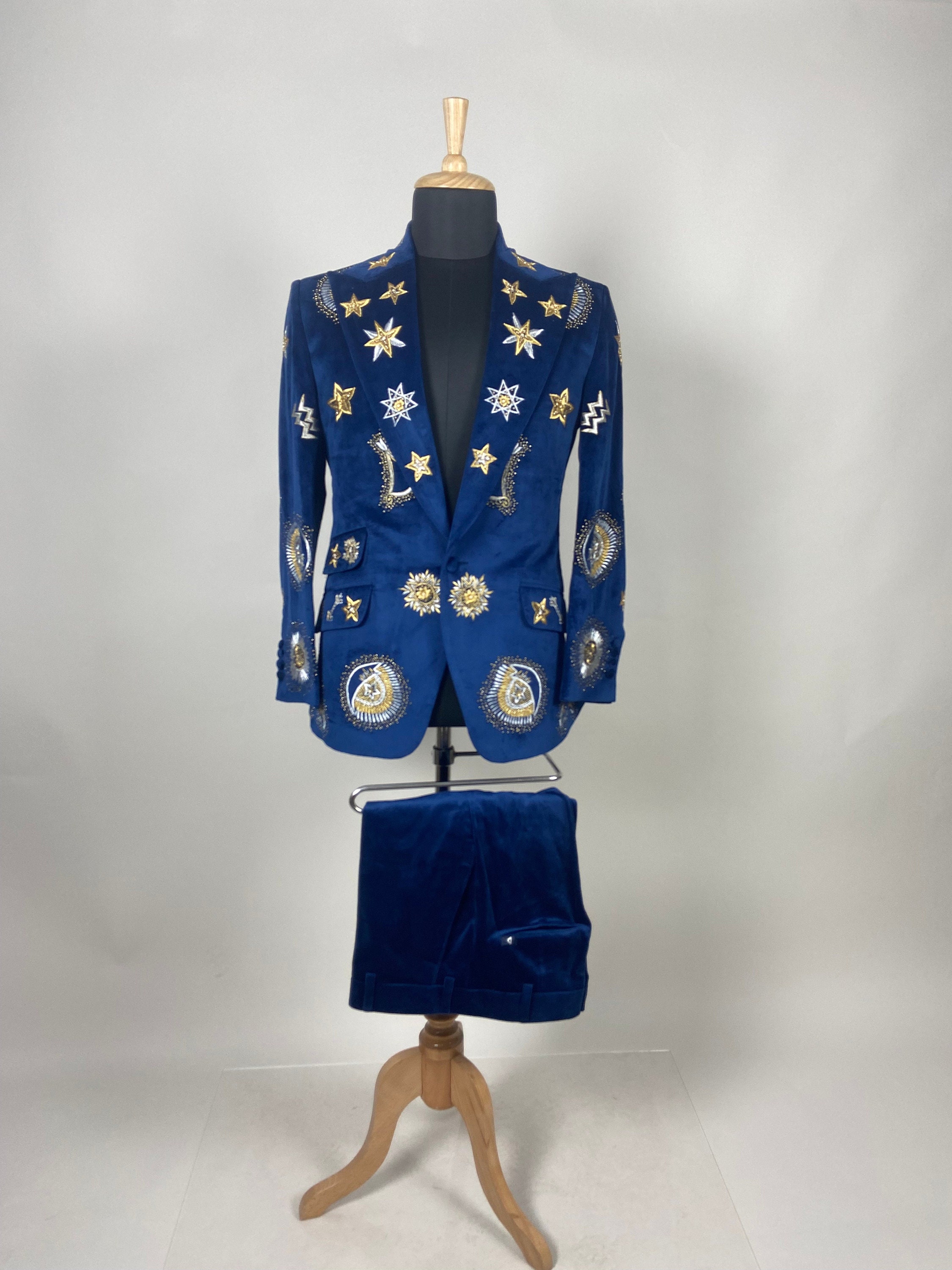 Women Pant Suit Designer Blue Velvet 