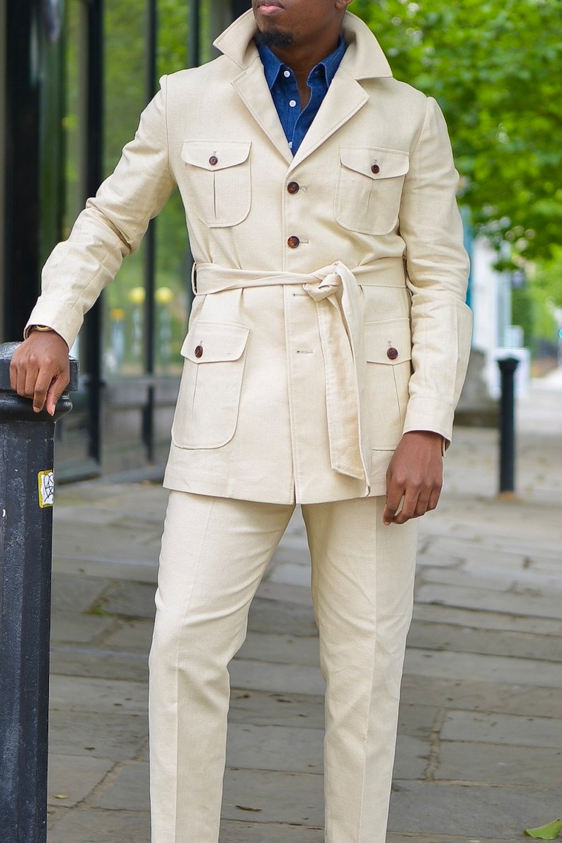 1970s Men’s Outfit Inspiration | Costumes Ideas Men Bespoke 2 Piece Designer Safari Jacket Suit Beige Summer Coat Pant Suit Wedding Dress Groom Men Party Wear Suit $384.49 AT vintagedancer.com