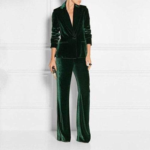 Women Green Velvet 2pc Pant Suit Set Single Button Peak Lapel - Etsy Canada