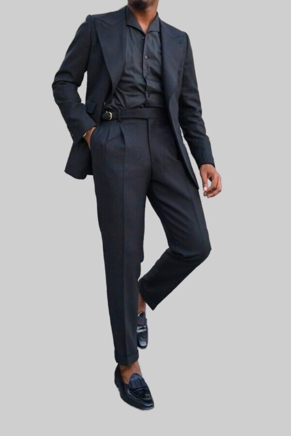 Epic Custom-Made Black Cotton Suit for Men - Designer 2-Piece Ensemble with Single-Breasted Peak Lapel, Gurkha Pants - Perfect for Weddings, Groomsmen, and Personalized Gifts for Him