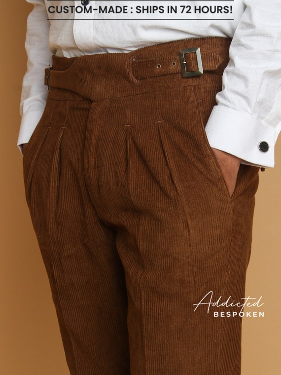 Men Custom Made Designer Brown Corduroy Works Pant Buckle Adjuster