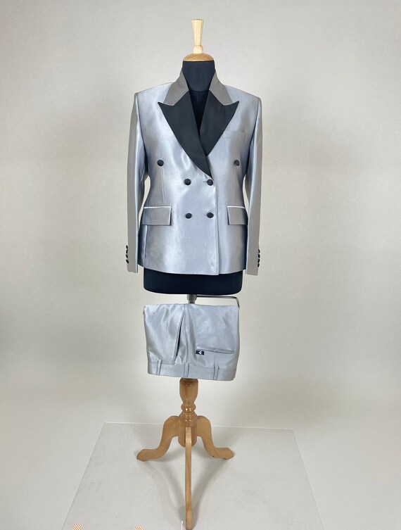 Women Tailor Fit Designer Satin Grey 2 Piece Tuxedo Suit Double