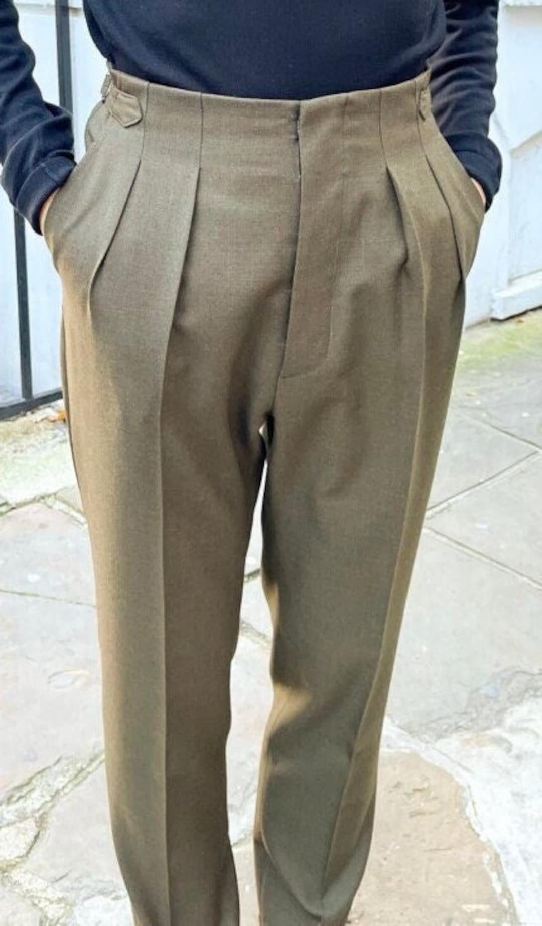 Men's Cotton Trousers Casual Vintage Work Pants Double Pleated High Waist  Pants