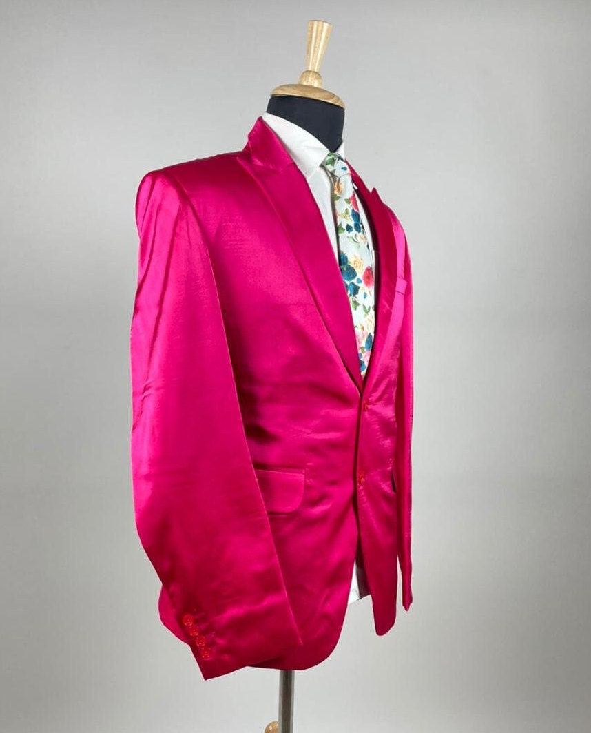 Men's Designer Pink Blazer Custom Made Fuchsia Satin - Etsy Men'S Designer Pink Blazer Custom Made Fuchsia Satin - Etsy