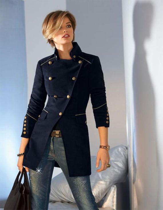 Navy Military-Style Double Breasted Tailored Slim Coat