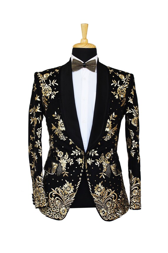 Men's Black Velvet Blazer Gold Embroidered Shawl Lapel - Etsy