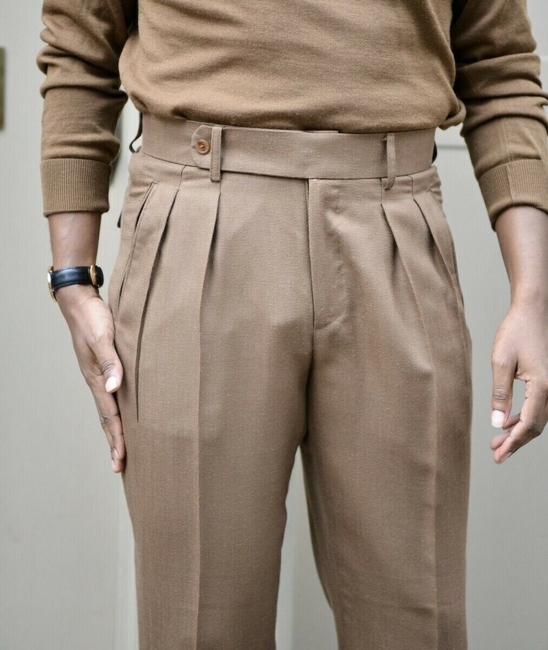 Men Designer Double Pleated Works Pant Brown Cotton Button Closure With 