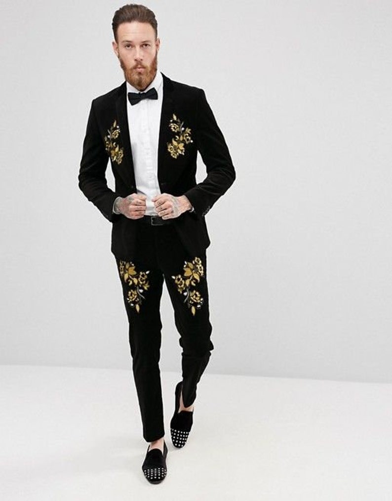 Men Custom Made Designer 2pc Suit Black Gold Heavy Embroidery Etsy