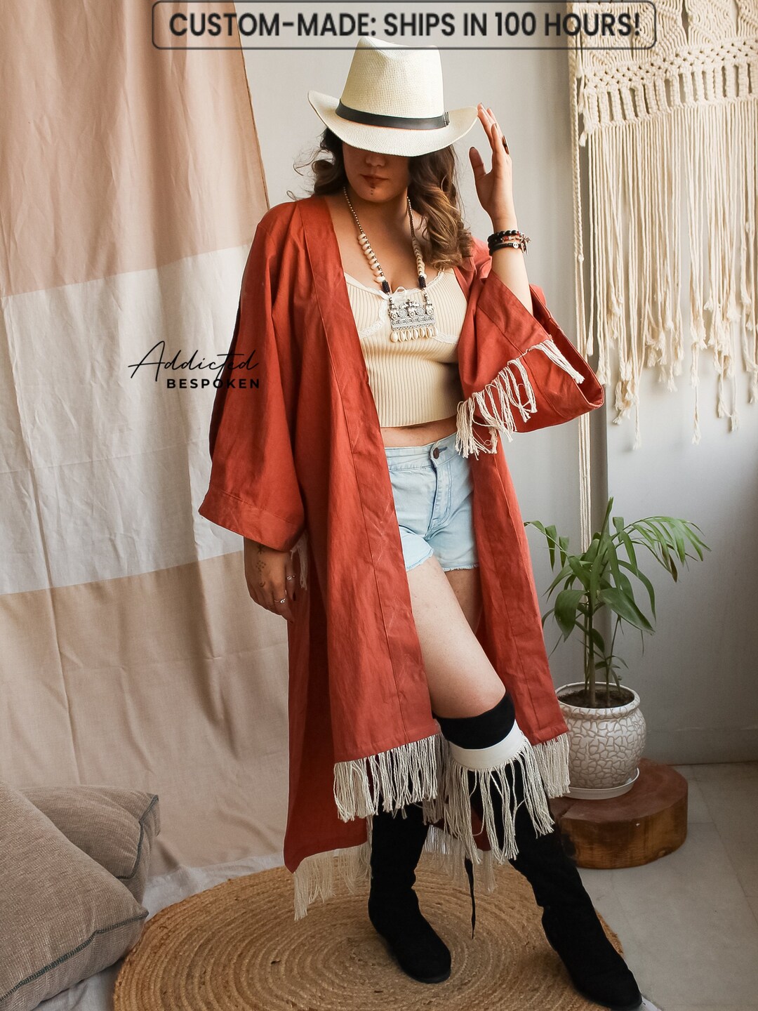 Boho Rust Orange Robe Bohemian Open Closure Dress Backless Cardigan ...