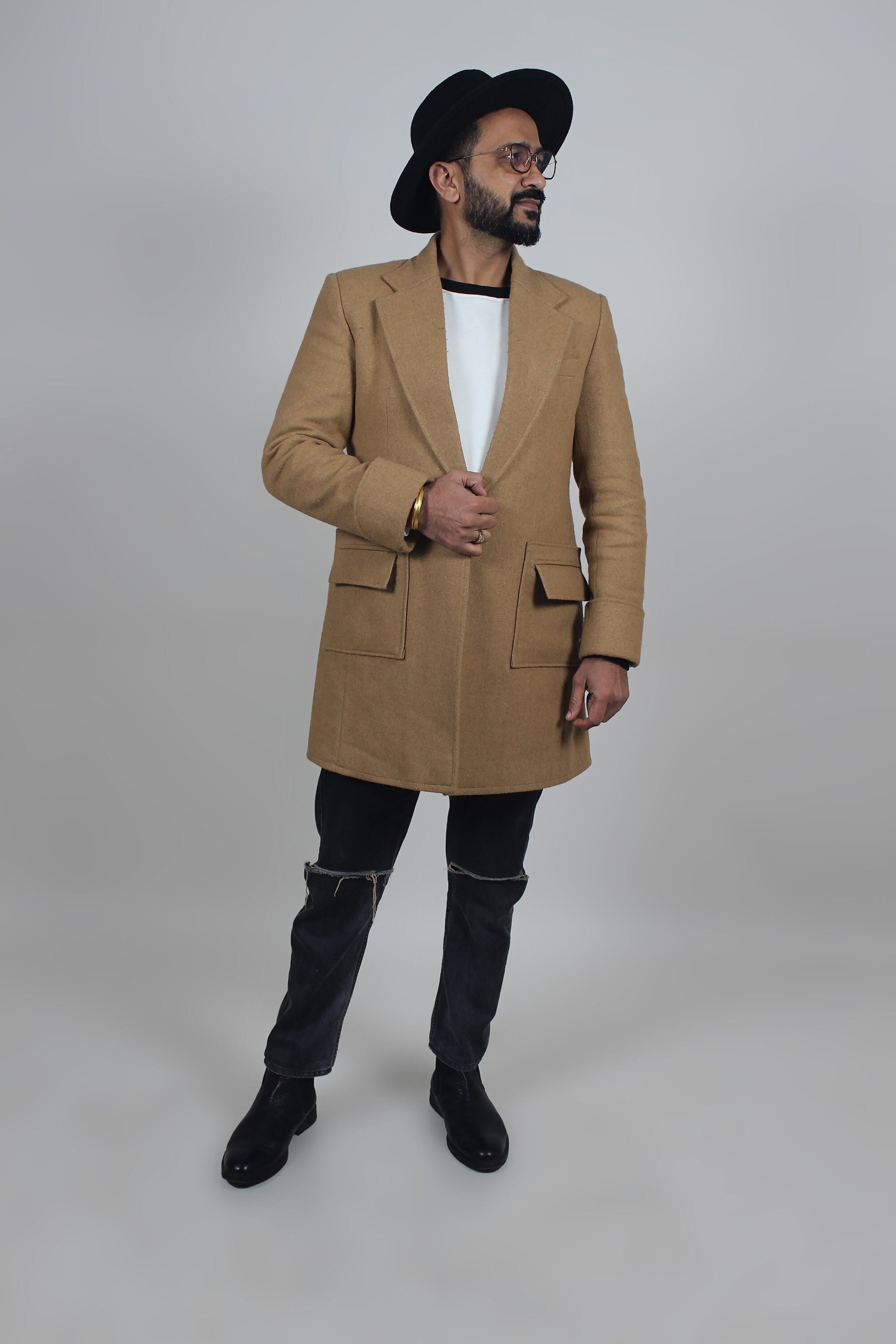 Men Beige Winter Woolen Trench Coat 