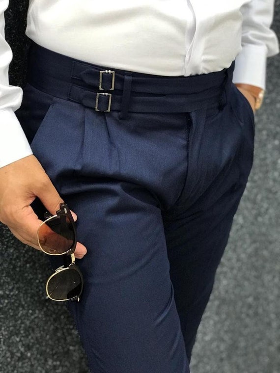 Mens Custom Tailor Made Navy Blue Dress Pants Business Work Formal Trousers