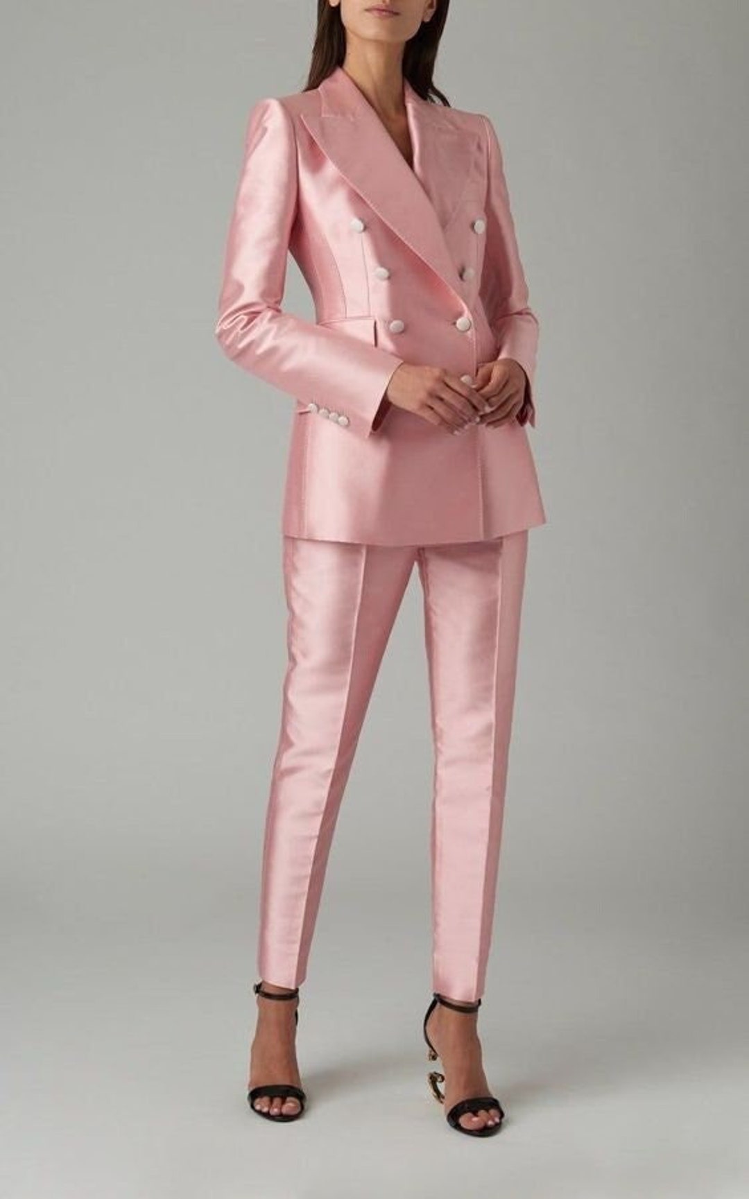 Women Custom Made 2 Piece Suit Designer Pink Satin Coat Pant Set
