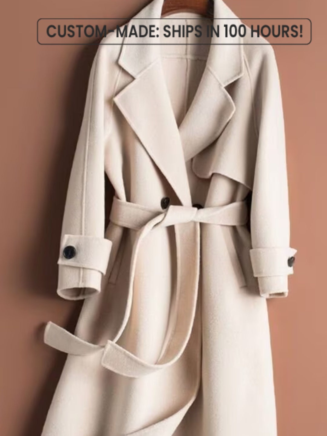 Women's Ivory Wool Long Trench Coat Custom Made Double Breasted Notch