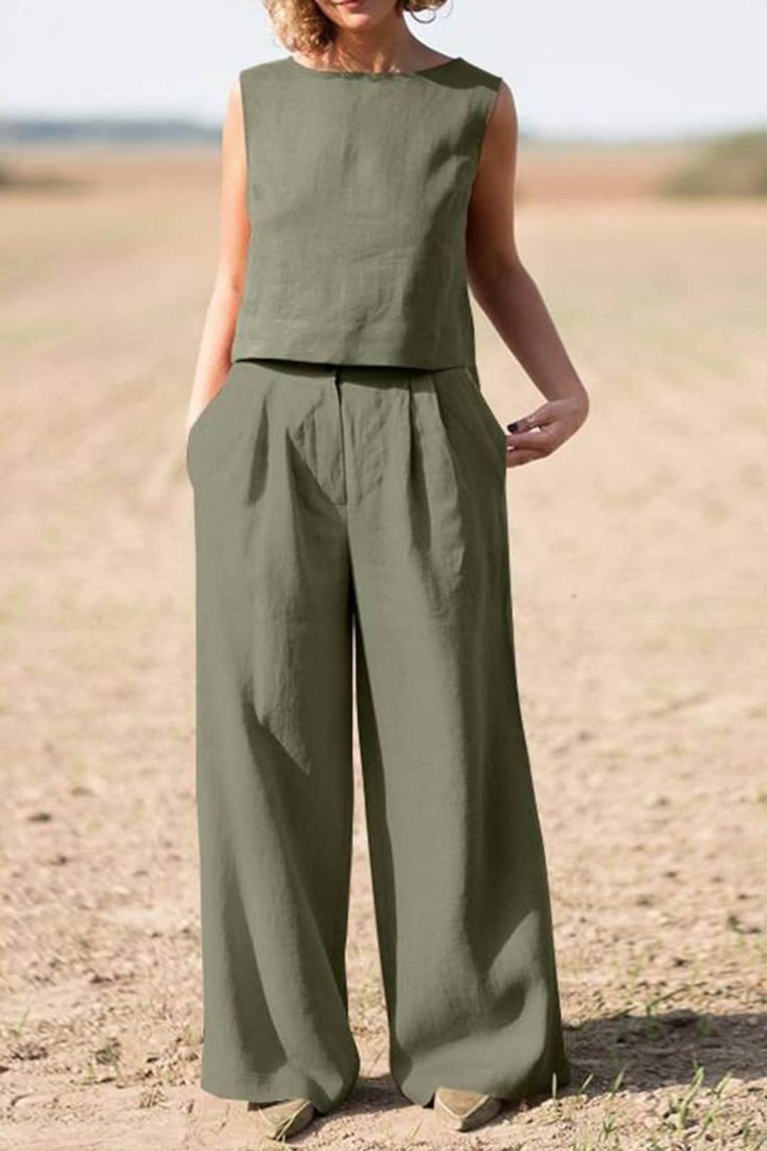 Women Green 2 Piece Linen Pants Set Custom Made High Waist Etsy
