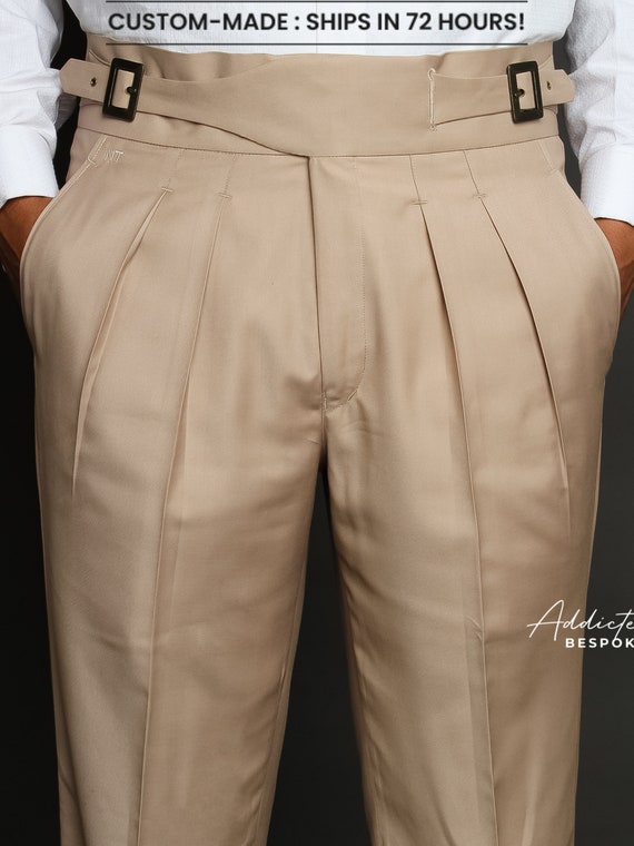 Men Custom Made Beige Cotton Gurkha Dress Pants Double Pleated