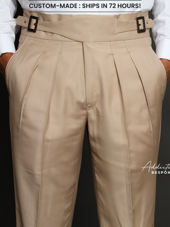 Men Custom Made Beige Cotton Gurkha Dress Pants Double Pleated Buckle  Adjuster High Waist Trousers Wedding Formals Business Casual Prom Wear -   Canada