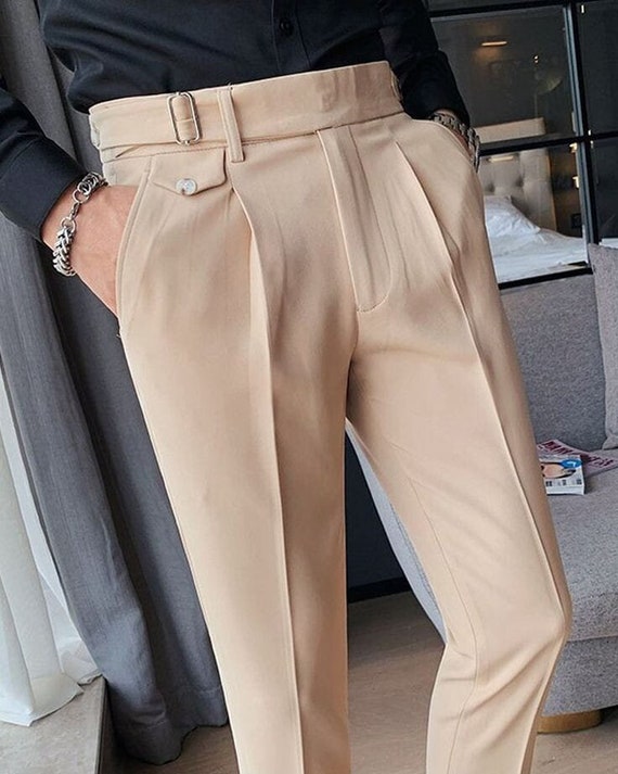 Men Tailor Made Beige Cotton Gurkha Dress Pant Single Pleated Side