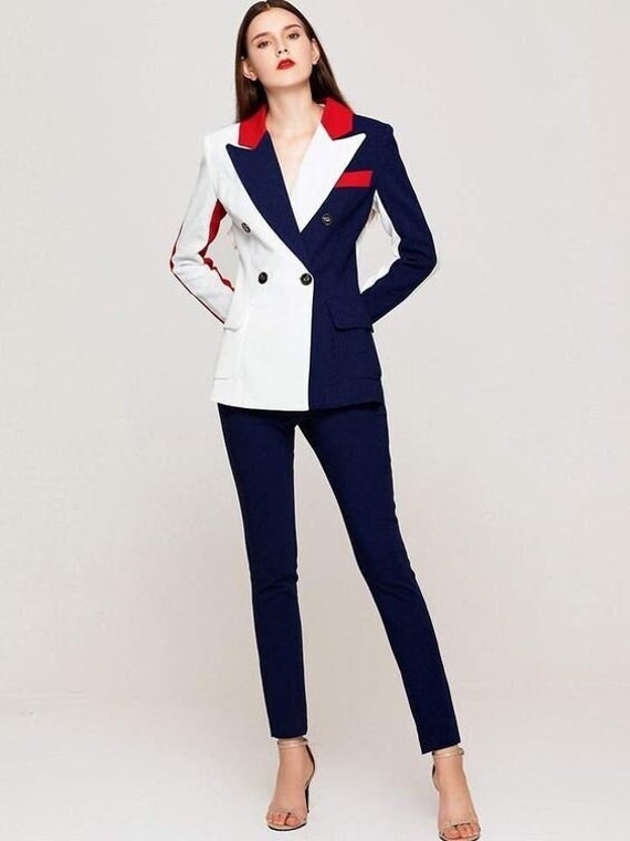 Navy Blue Women's Suit With Double Breasted Jacket