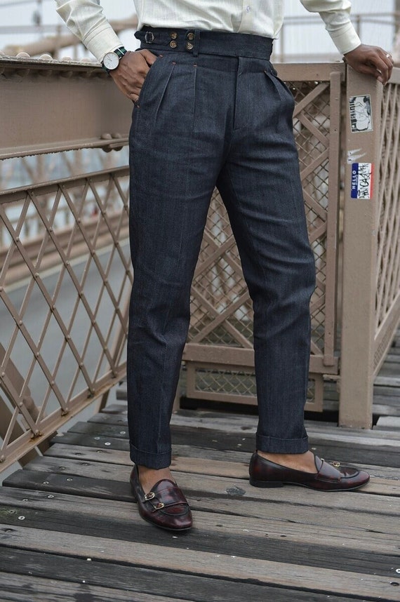 Men Black Denim Bespoke Gurkha Dress Pants Regular Fit High   Etsy