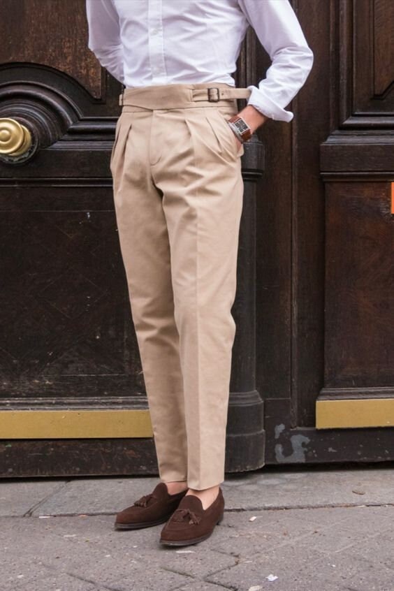 Men Pleated Beige Cotton Gurkha Trouser 