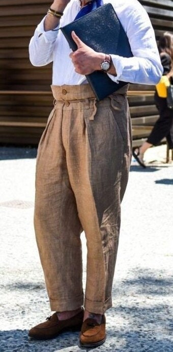 Men Brown Linen Gurkha Pant Mid Waist Regular Fit Button - Etsy Canada