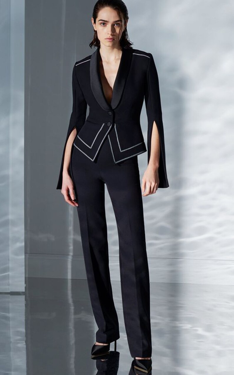 Women Black Designer Piping Custom Made 2pc Two Piece Suit Formal Xmas Latest Coat Pant Wedding Party Prom Tuxedo Suit Slim Fit