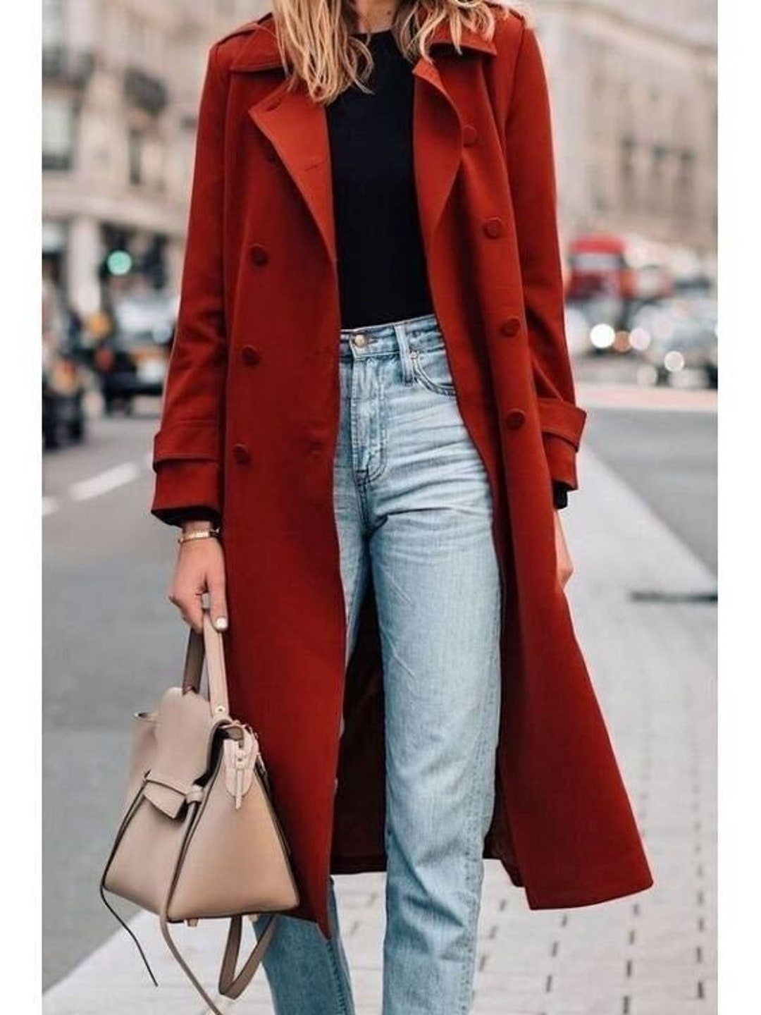 Customized Women Long Coat Red Wool Blend Double Breasted 