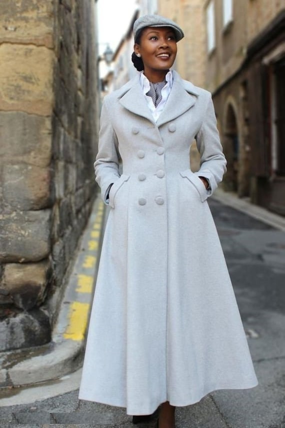 Women Grey Vintage Long Wool Swing Coat Double Breasted Custom ...