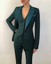 Women Bespoke 3Pc Green Cotton Pant Suit Set Peak Lapel Single Breasted Prom Cocktail Wedding Formal Art Festival Coat Pant Vests For Female