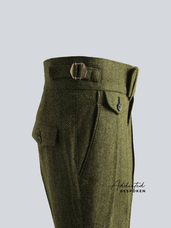 Men Designer Green Herringbone Wool Dress Pants Double Pleats With