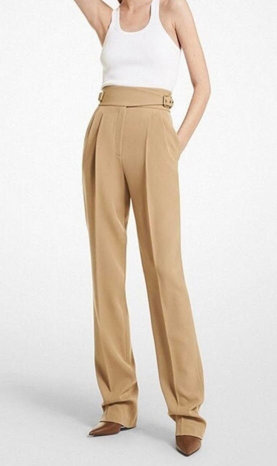 Women Custom Made Beige Cotton Pleated Gurkha Pant Business Formal