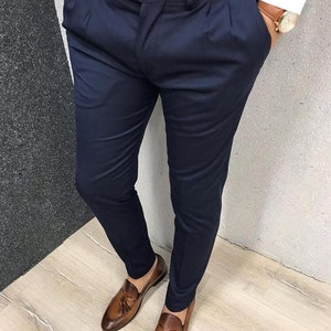 Men Blue Pant Tailor Made Cotton Majestic Gurkha Dress Pants Double ...