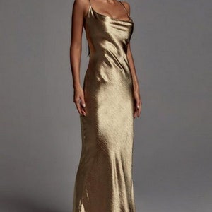 Women Metallic Gold Maxi Cowl Neck Satin Dress Custom Made - Etsy