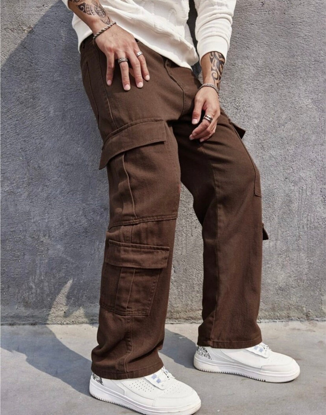 Men Tailor Made Brown Denim Cargo Pant Pleated Flap Style Patch Pockets  Business Casual Pants Cocktail Wedding Party Wear Formal Trousers 