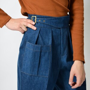 Women Tailor Made Denim Gurkha Pants Double Pleated Adjustable Buckle Closure High Waist Business Formal Trousers Casual Travel Street Wear