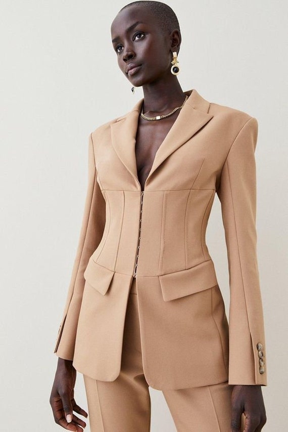 Women Custom Made Brown Cotton 2 Piece Suit Peak Lapel Corset