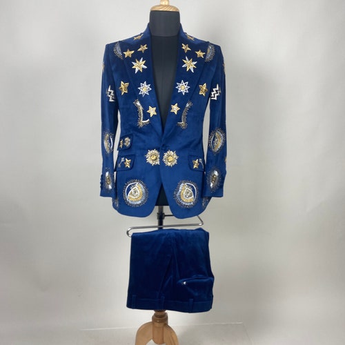 Women Pant Suit Designer Blue Velvet 