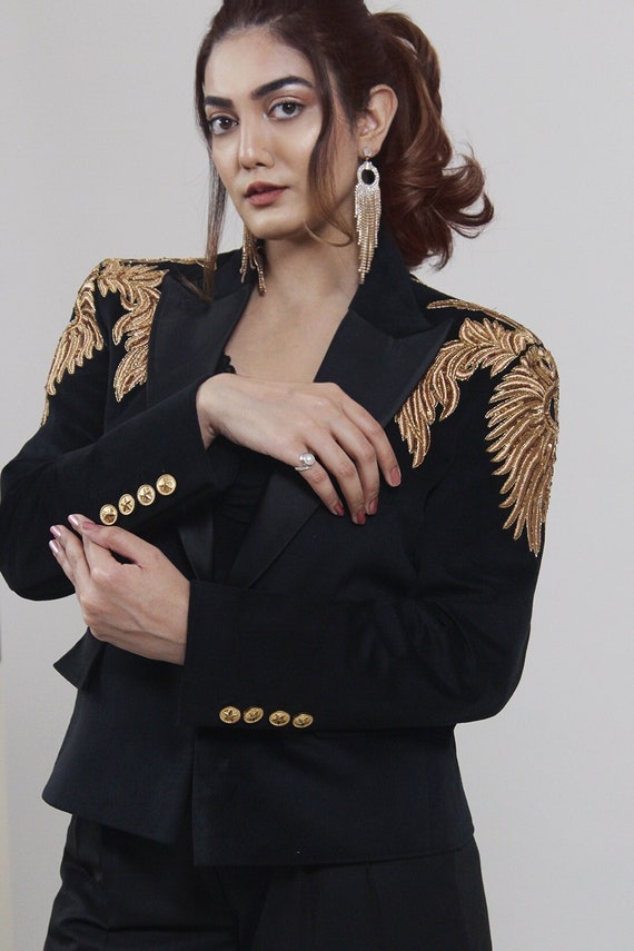 Buy Women Designer 2PC Pantsuit Black Velvet Gold Embroidered