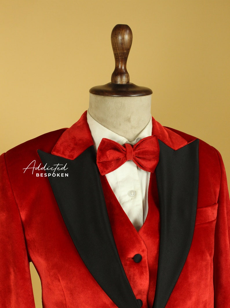 Men Custom Made Red Velvet 3 Pc Tuxedo Suit Single Breated Satin Peak ...