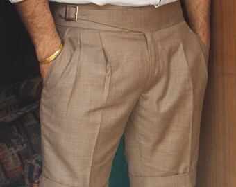 Men Custom Beige Pleated Gurkha Loose Quarter Shorts Regular Fit Vintage Summer Bermuda Casual Retro Silhouette Personalized Gift For Him