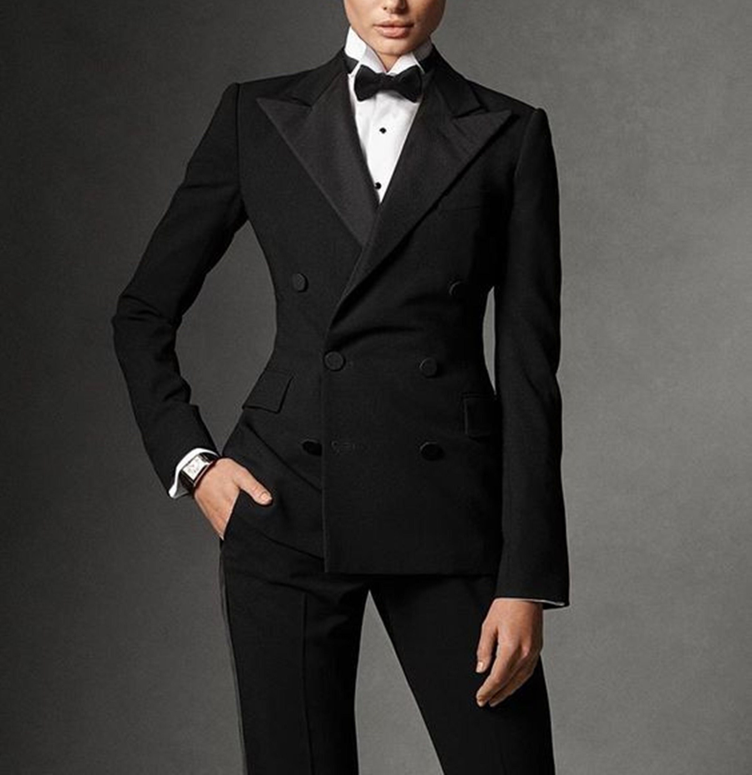 Women Black Cotton 2pc Tuxedo Suit Double Breasted Wedding - Etsy