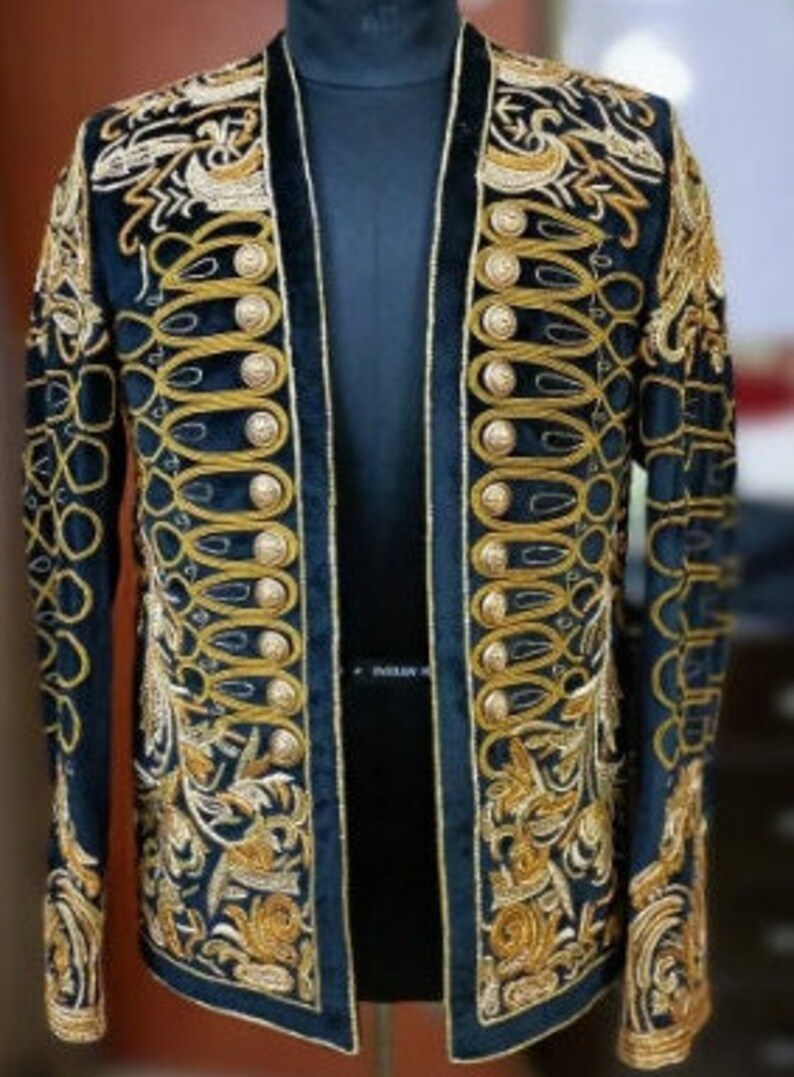 Men's Black Velvet Military Jacket Custom Made Heavy Gold Etsy