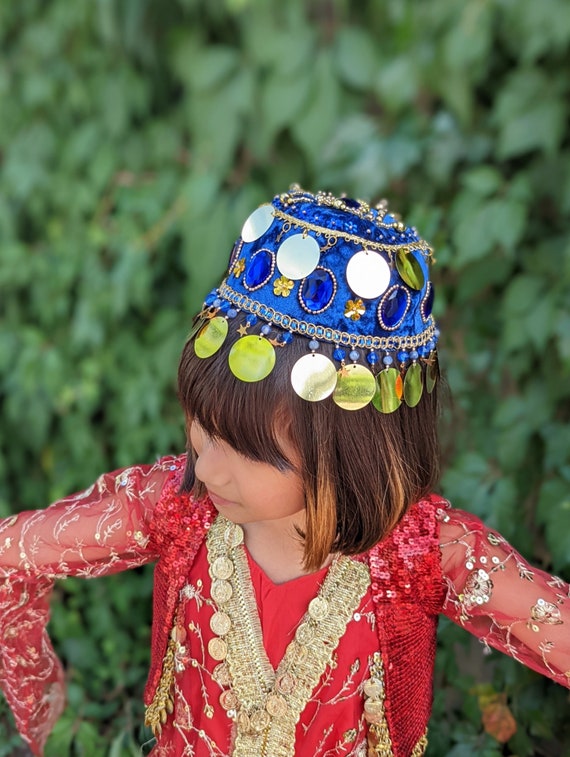 Vintage handmade blue velvet gold leaf sequin beaded traditional square cap hat Beaded Velvet Ozo Cap: Igbo Nigerian Men main image 4