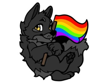 Puede incluir: Un personaje de dibujos animados de lobo negro sosteniendo una bandera arcoíris del orgullo. El lobo está sentado en sus ancas y sonriendo.