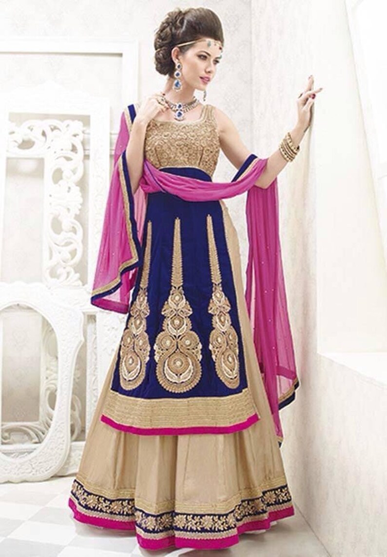 Gorgeous Blue velvet and gold lehenga with scarfdupatta