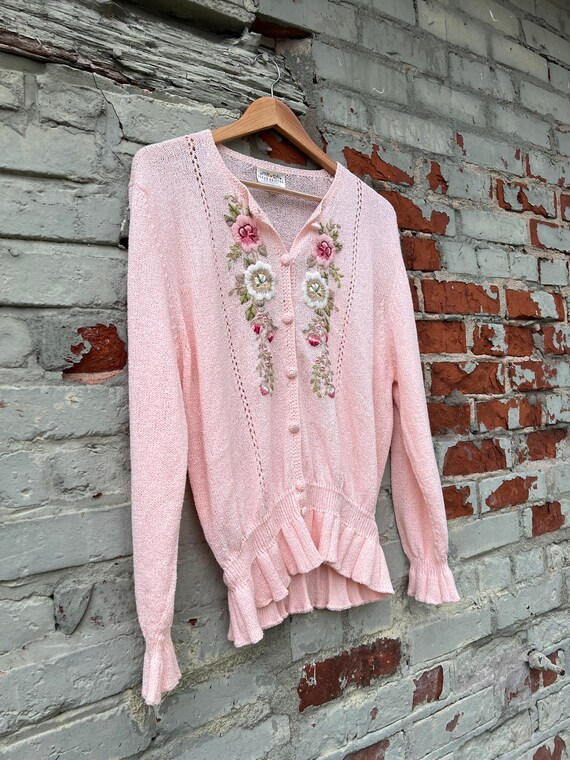 Vintage Pink Hand Knit Floral Cardigan / Cottagec… - image 3