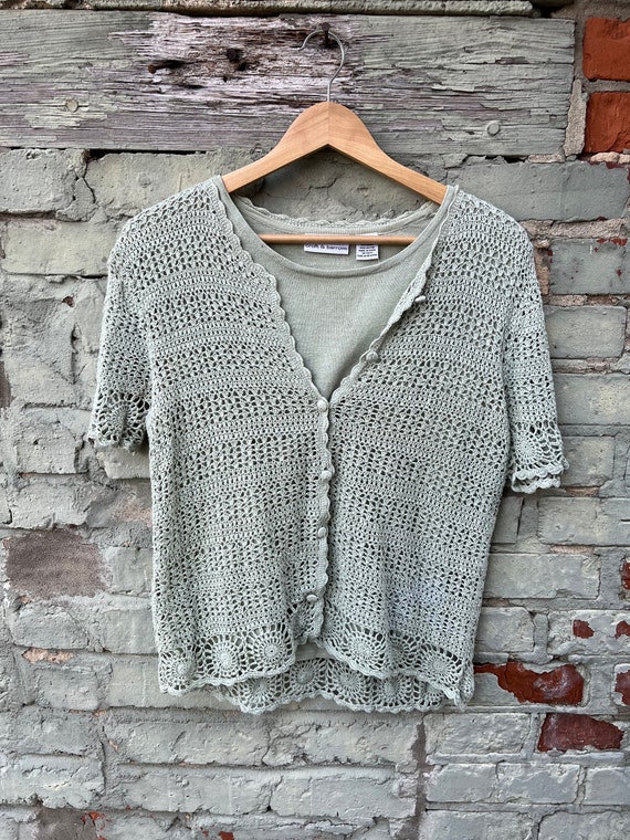 Vintage 90s/Y2K Sage Green Crochet Cardigan Blous… - image 1