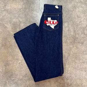 Vintage 1970S Dark Wash Flared Jeans with Texas Kicker Patch on back pocket -  30” waist 36” Hips - Deadstock