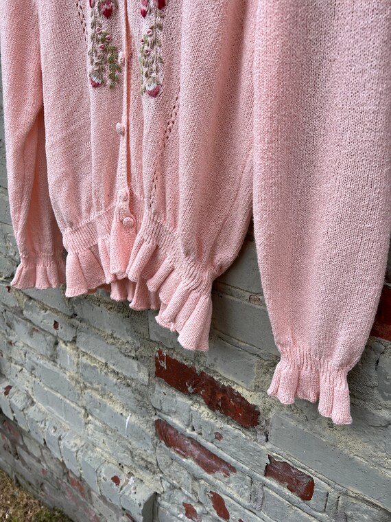 Vintage Pink Hand Knit Floral Cardigan / Cottagec… - image 5